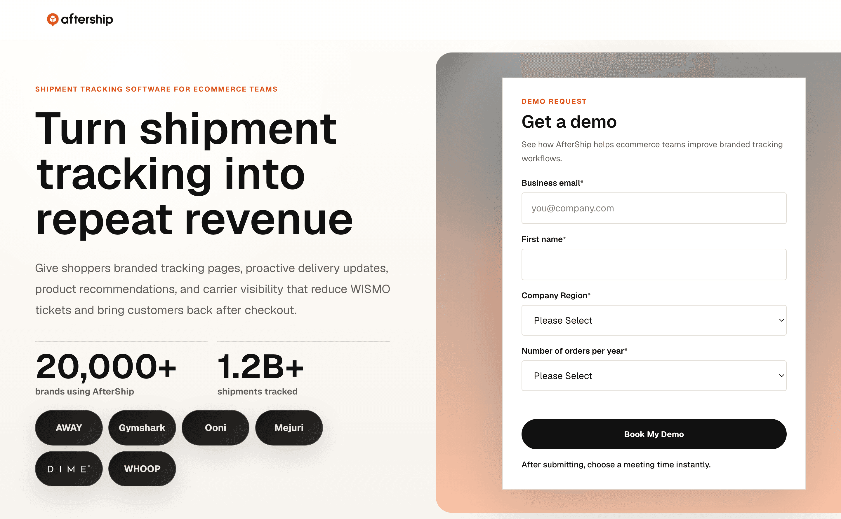The current AfterShip tracking software landing page, showing the Get a demo form with business email, first name, company region and number of orders fields.